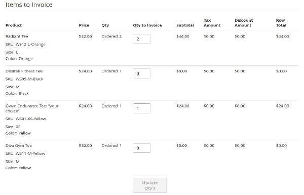 List of Items to Invoice During Partial Capture