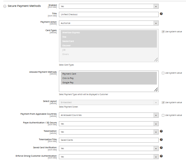 Secure Payment Methods Settings